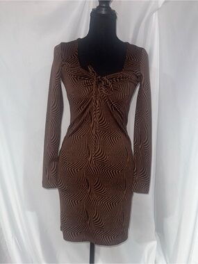 Zara Brown Black Abstract-Print Long Sleeve Tie-Front Dress